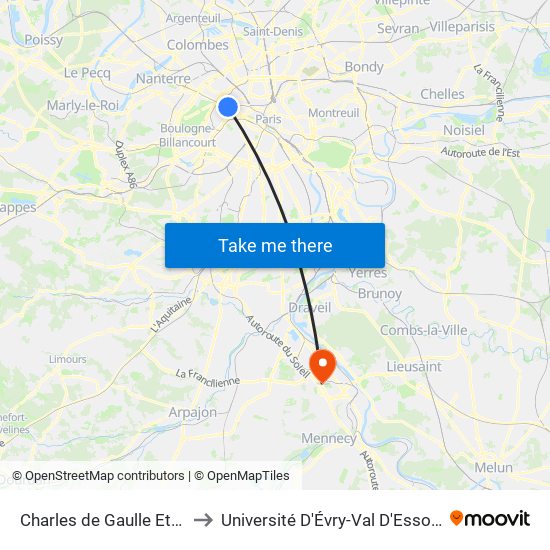 Charles de Gaulle Etoile to Université D'Évry-Val D'Essonne map