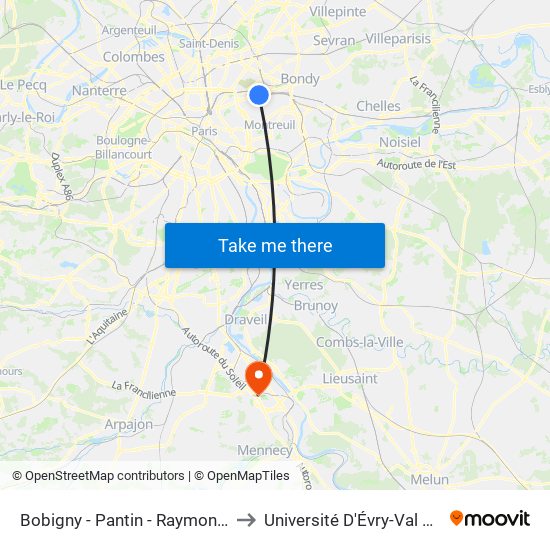 Bobigny - Pantin - Raymond Queneau to Université D'Évry-Val D'Essonne map