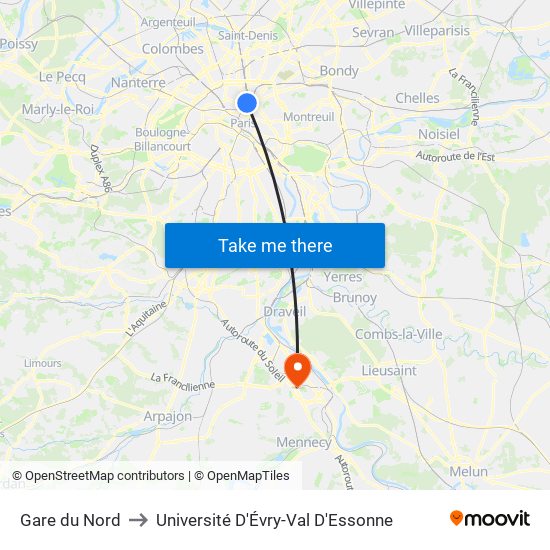 Gare du Nord to Université D'Évry-Val D'Essonne map