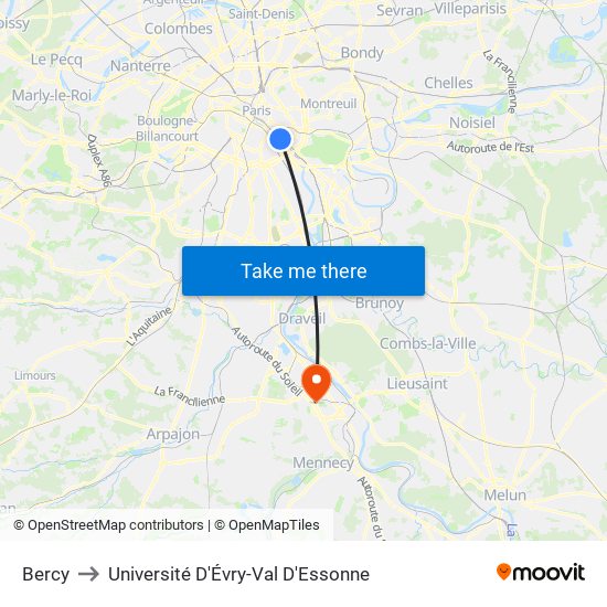 Bercy to Université D'Évry-Val D'Essonne map
