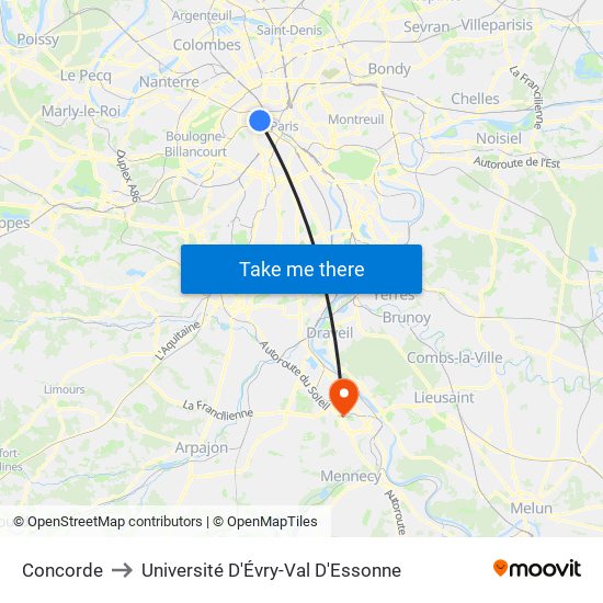 Concorde to Université D'Évry-Val D'Essonne map