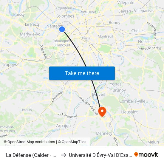 La Défense (Calder - Miro) to Université D'Évry-Val D'Essonne map