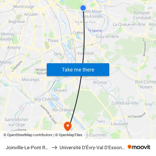 Joinville-Le-Pont RER to Université D'Évry-Val D'Essonne map