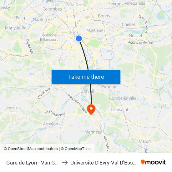 Gare de Lyon - Van Gogh to Université D'Évry-Val D'Essonne map