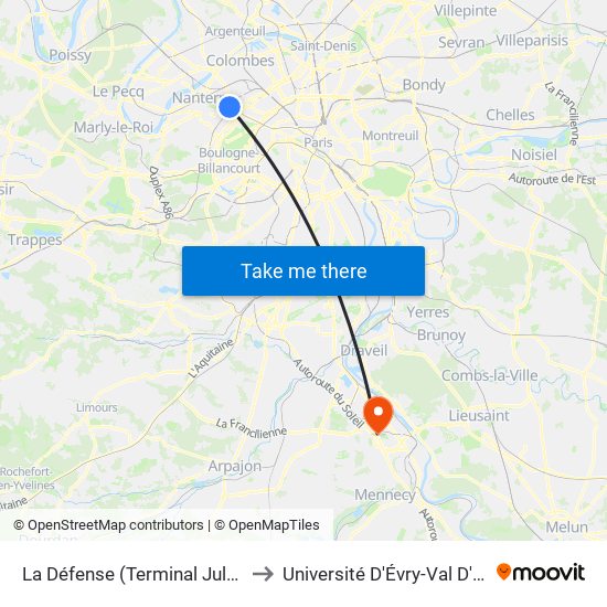 La Défense (Terminal Jules Verne) to Université D'Évry-Val D'Essonne map