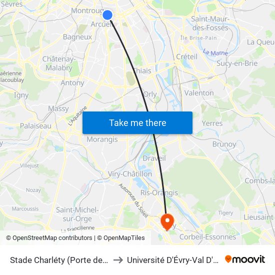Stade Charléty (Porte de Gentilly) to Université D'Évry-Val D'Essonne map