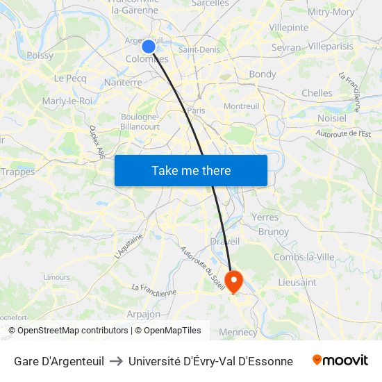 Gare D'Argenteuil to Université D'Évry-Val D'Essonne map