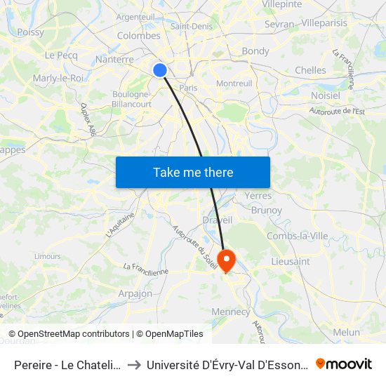 Pereire - Le Chatelier to Université D'Évry-Val D'Essonne map