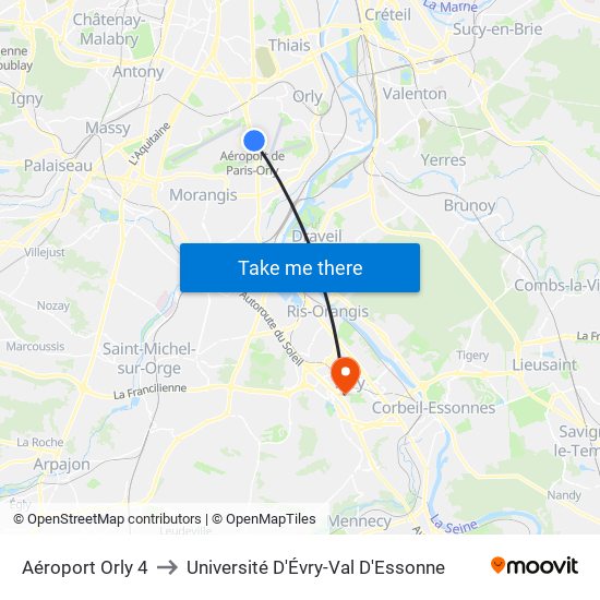 Aéroport Orly 4 to Université D'Évry-Val D'Essonne map