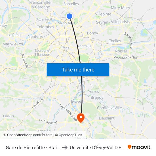 Gare de Pierrefitte - Stains RER to Université D'Évry-Val D'Essonne map