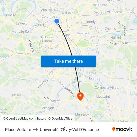 Place Voltaire to Université D'Évry-Val D'Essonne map