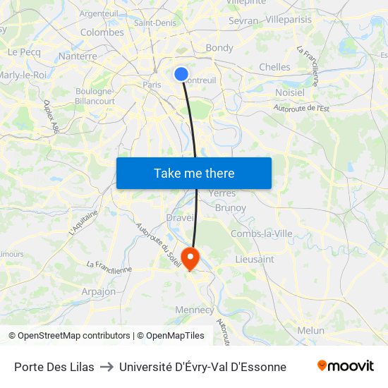 Porte Des Lilas to Université D'Évry-Val D'Essonne map