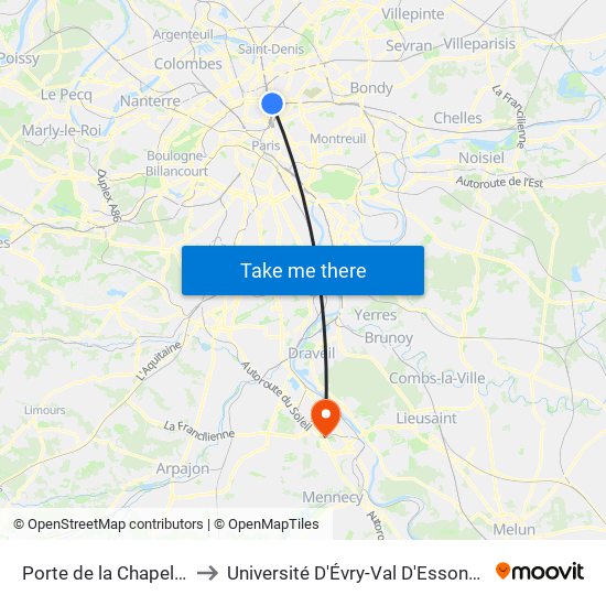 Porte de la Chapelle to Université D'Évry-Val D'Essonne map