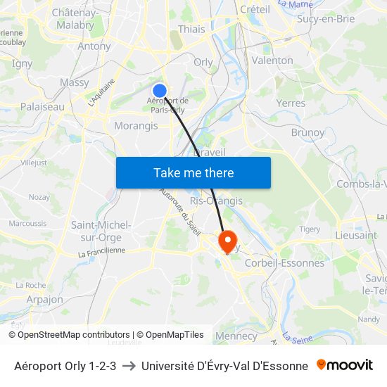 Aéroport Orly 1-2-3 to Université D'Évry-Val D'Essonne map