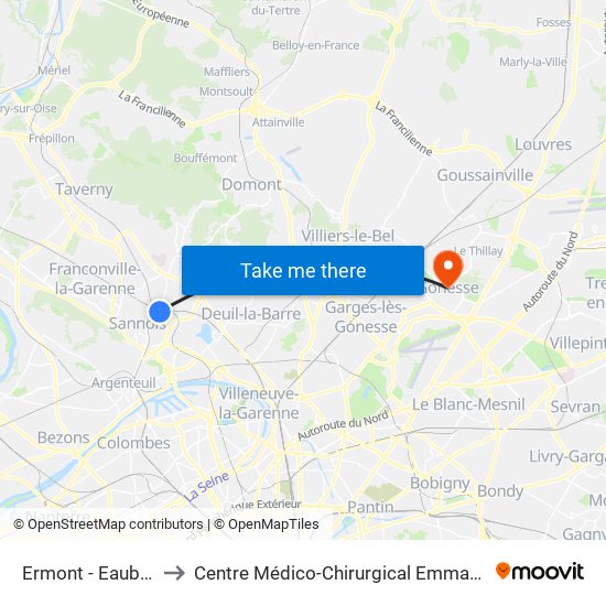 Ermont - Eaubonne to Centre Médico-Chirurgical Emmanuel Rain map