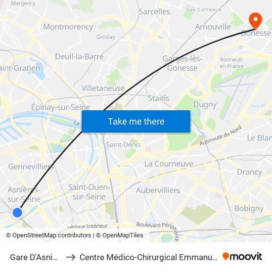 Gare D'Asnieres to Centre Médico-Chirurgical Emmanuel Rain map