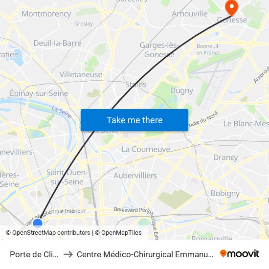 Porte de Clichy to Centre Médico-Chirurgical Emmanuel Rain map