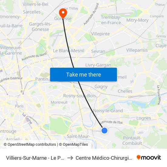 Villiers-Sur-Marne - Le Plessis-Trévise RER to Centre Médico-Chirurgical Emmanuel Rain map