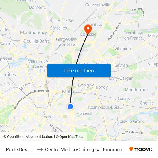 Porte Des Lilas to Centre Médico-Chirurgical Emmanuel Rain map