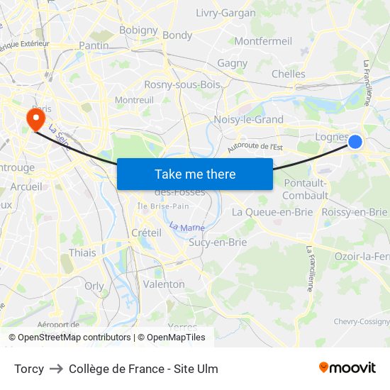 Torcy to Collège de France - Site Ulm map