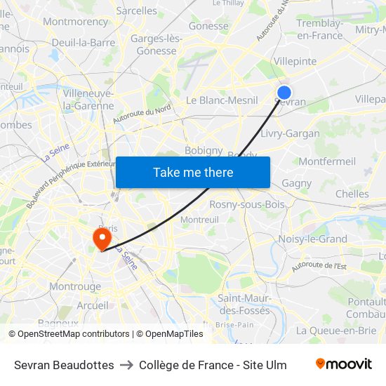 Sevran Beaudottes to Collège de France - Site Ulm map