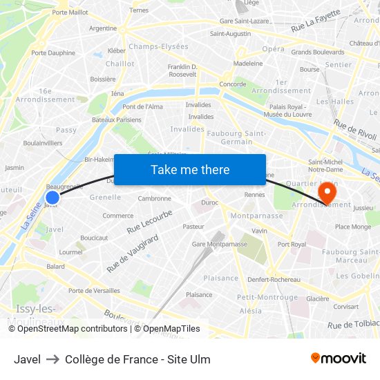 Javel to Collège de France - Site Ulm map
