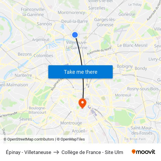 Épinay - Villetaneuse to Collège de France - Site Ulm map