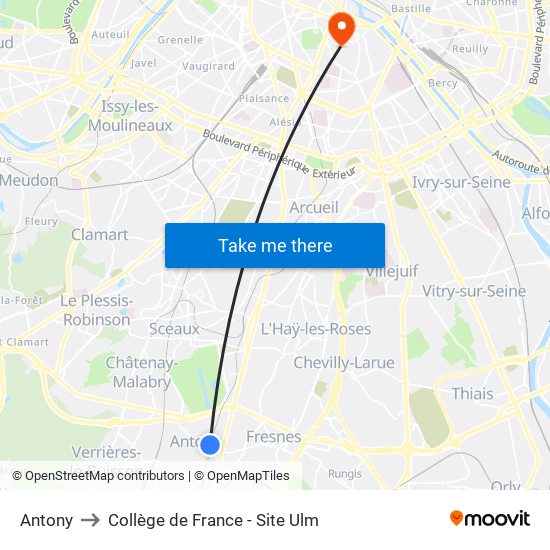 Antony to Collège de France - Site Ulm map