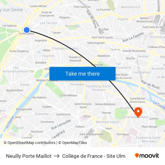 Neuilly Porte Maillot to Collège de France - Site Ulm map