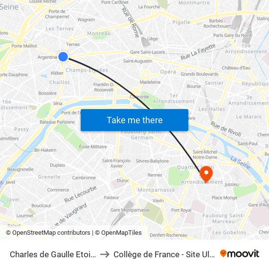 Charles de Gaulle Etoile to Collège de France - Site Ulm map
