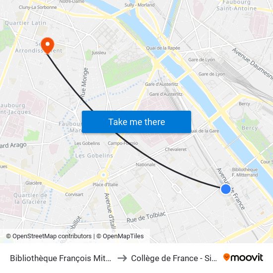 Bibliothèque François Mitterrand to Collège de France - Site Ulm map