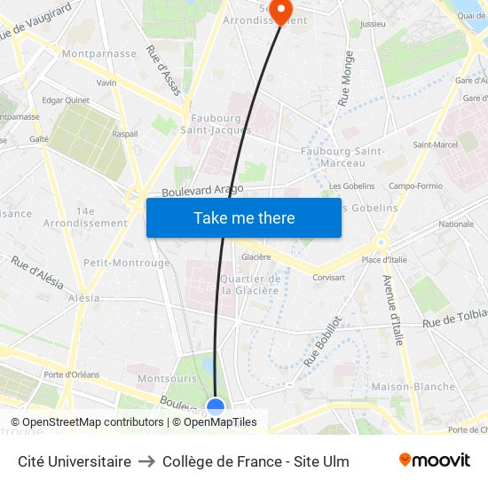 Cité Universitaire to Collège de France - Site Ulm map
