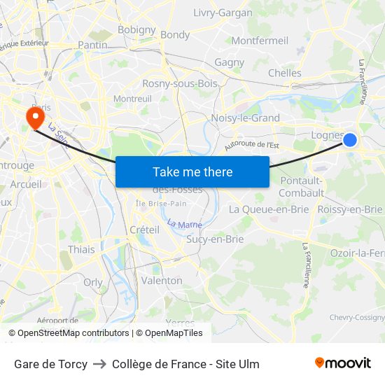 Gare de Torcy to Collège de France - Site Ulm map