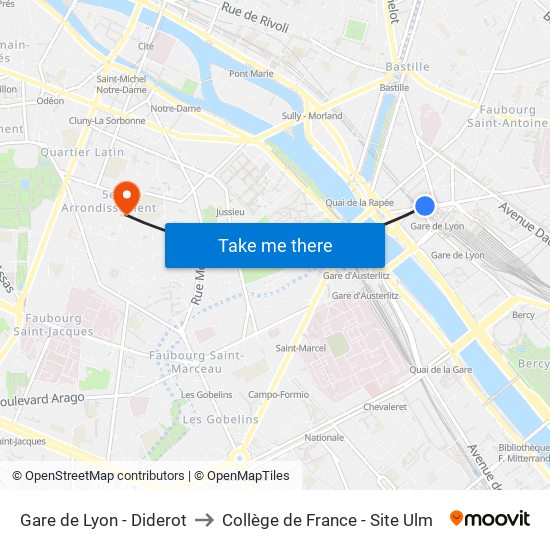 Gare de Lyon - Diderot to Collège de France - Site Ulm map