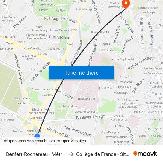 Denfert-Rochereau - Métro-Rer to Collège de France - Site Ulm map