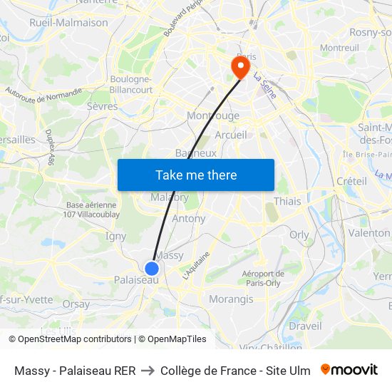 Massy - Palaiseau RER to Collège de France - Site Ulm map