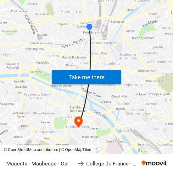 Magenta - Maubeuge - Gare du Nord to Collège de France - Site Ulm map