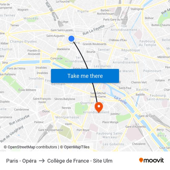 Paris - Opéra to Collège de France - Site Ulm map