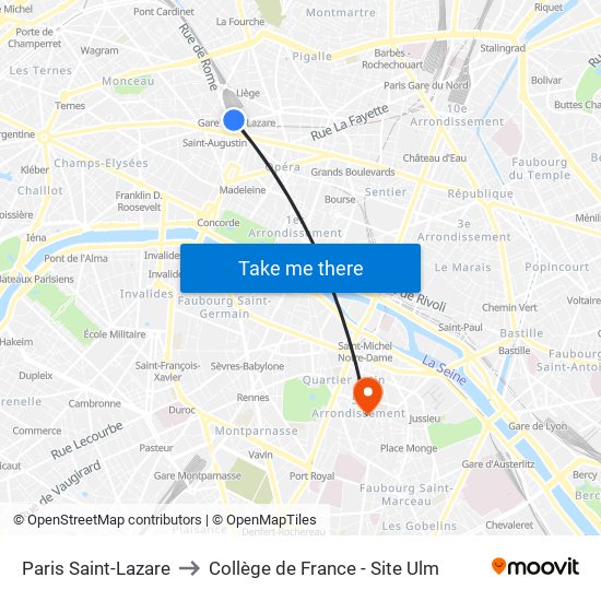 Paris Saint-Lazare to Collège de France - Site Ulm map