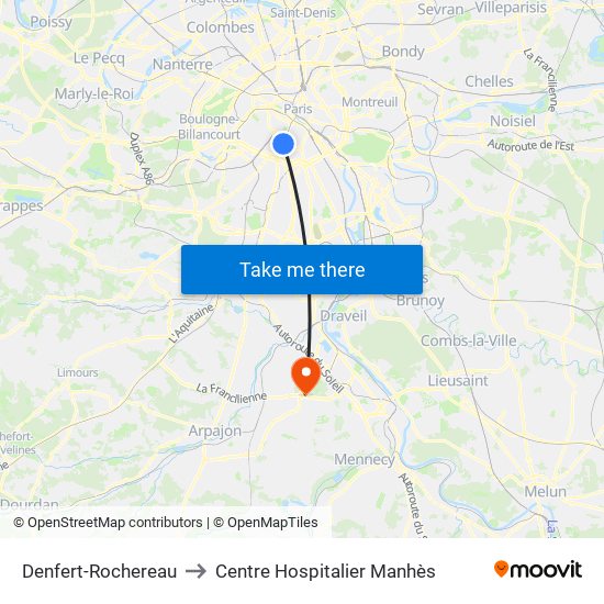 Denfert-Rochereau to Centre Hospitalier Manhès map
