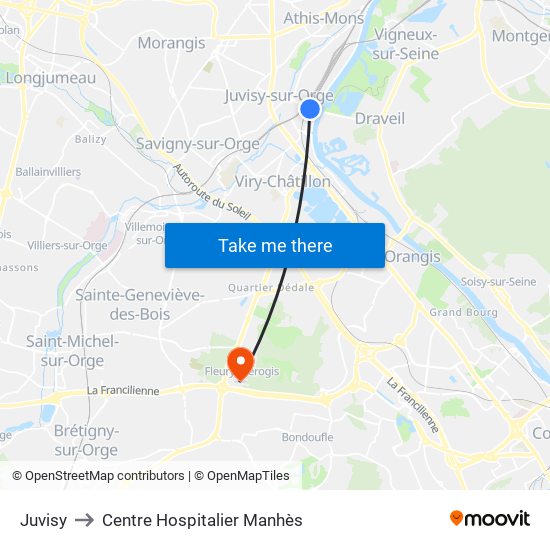Juvisy to Centre Hospitalier Manhès map