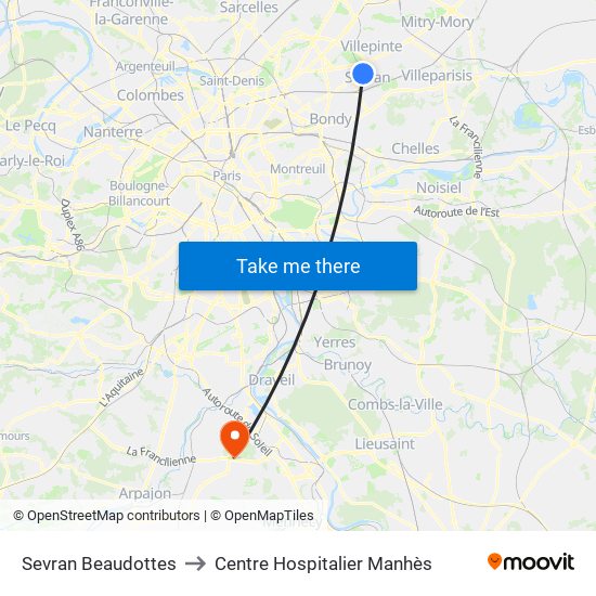 Sevran Beaudottes to Centre Hospitalier Manhès map