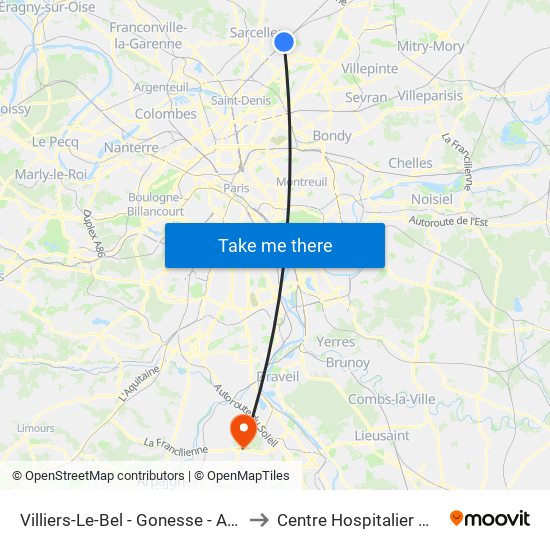 Villiers-Le-Bel - Gonesse - Arnouville to Centre Hospitalier Manhès map