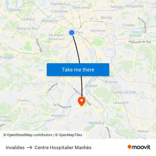 Invalides to Centre Hospitalier Manhès map