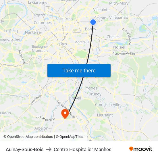 Aulnay-Sous-Bois to Centre Hospitalier Manhès map