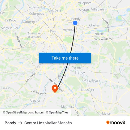 Bondy to Centre Hospitalier Manhès map