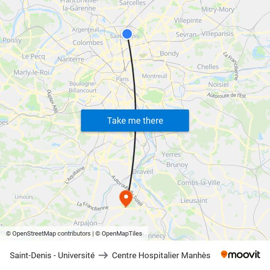 Saint-Denis - Université to Centre Hospitalier Manhès map