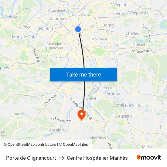 Porte de Clignancourt to Centre Hospitalier Manhès map