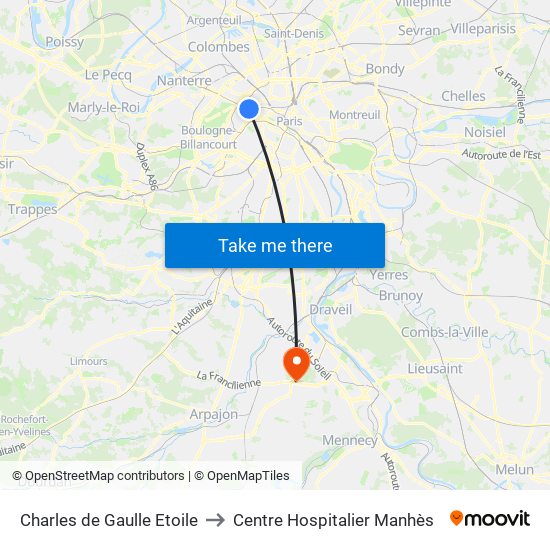 Charles de Gaulle Etoile to Centre Hospitalier Manhès map