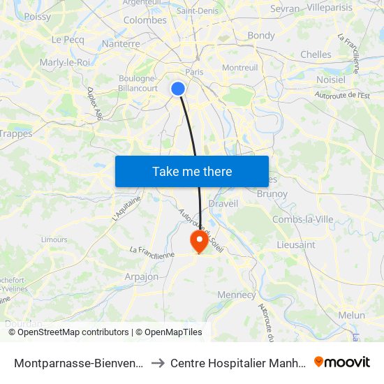 Montparnasse-Bienvenue to Centre Hospitalier Manhès map
